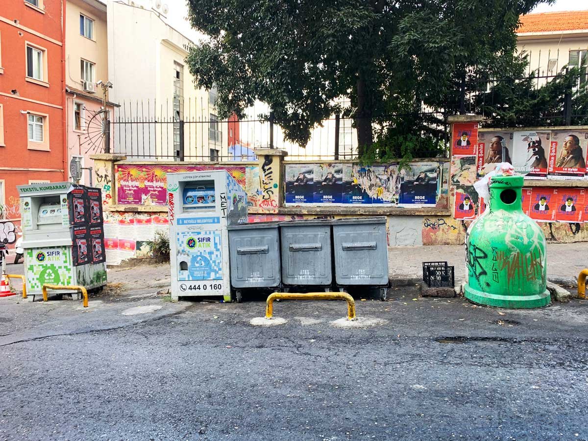 Rubbish collection bins on a street in Istanbul