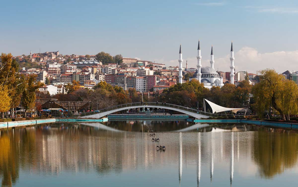 A park in Ankara with a bridge and lake